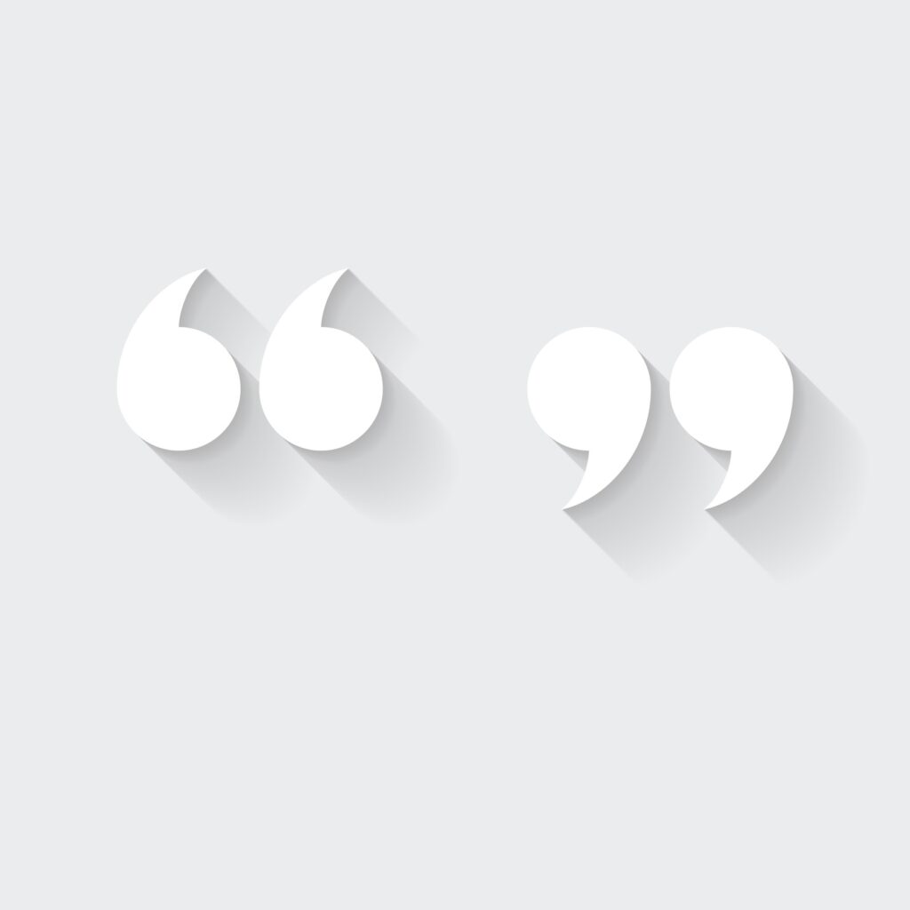 White icon of "quotation marks" in a flat design style isolated on a gray background and with a long shadow effect.
